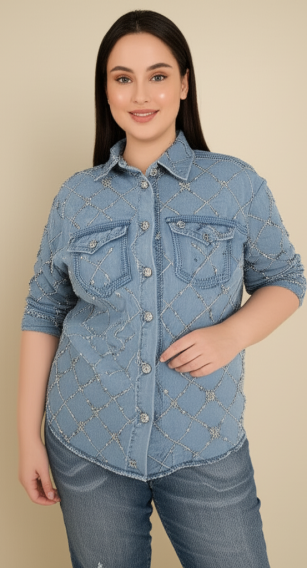 CAMISERA DE MEZCLILLA CON PIEDRAS Y PERLAS