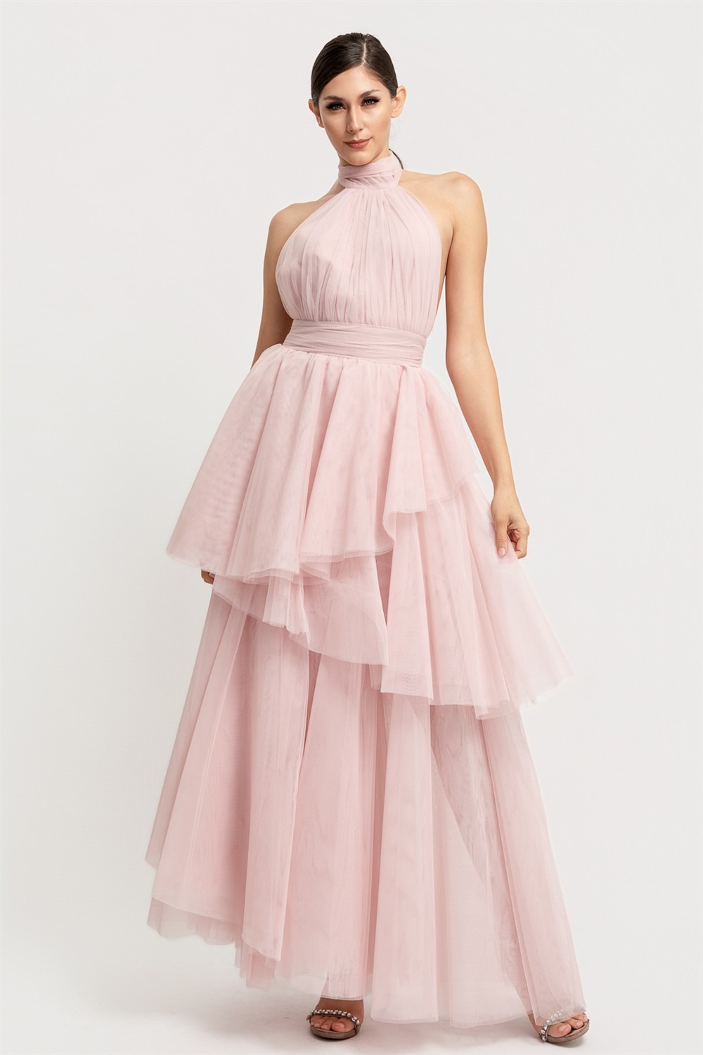 VESTIDO DE TUL OLANES CUELLO HALTER - Imagen 2