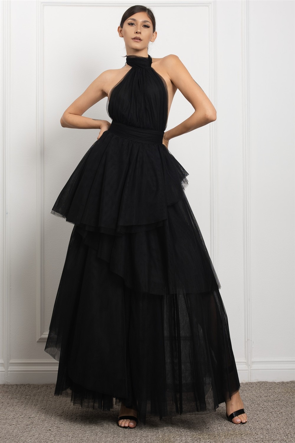 VESTIDO DE TUL OLANES CUELLO HALTER - Imagen 3