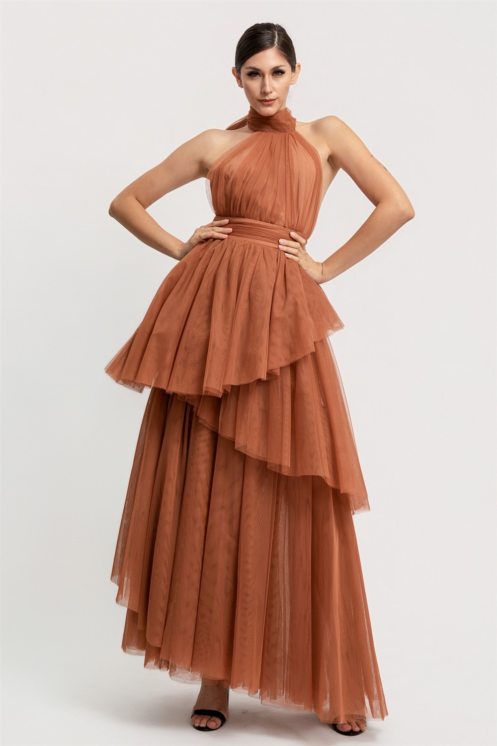VESTIDO DE TUL OLANES CUELLO HALTER - Imagen 4