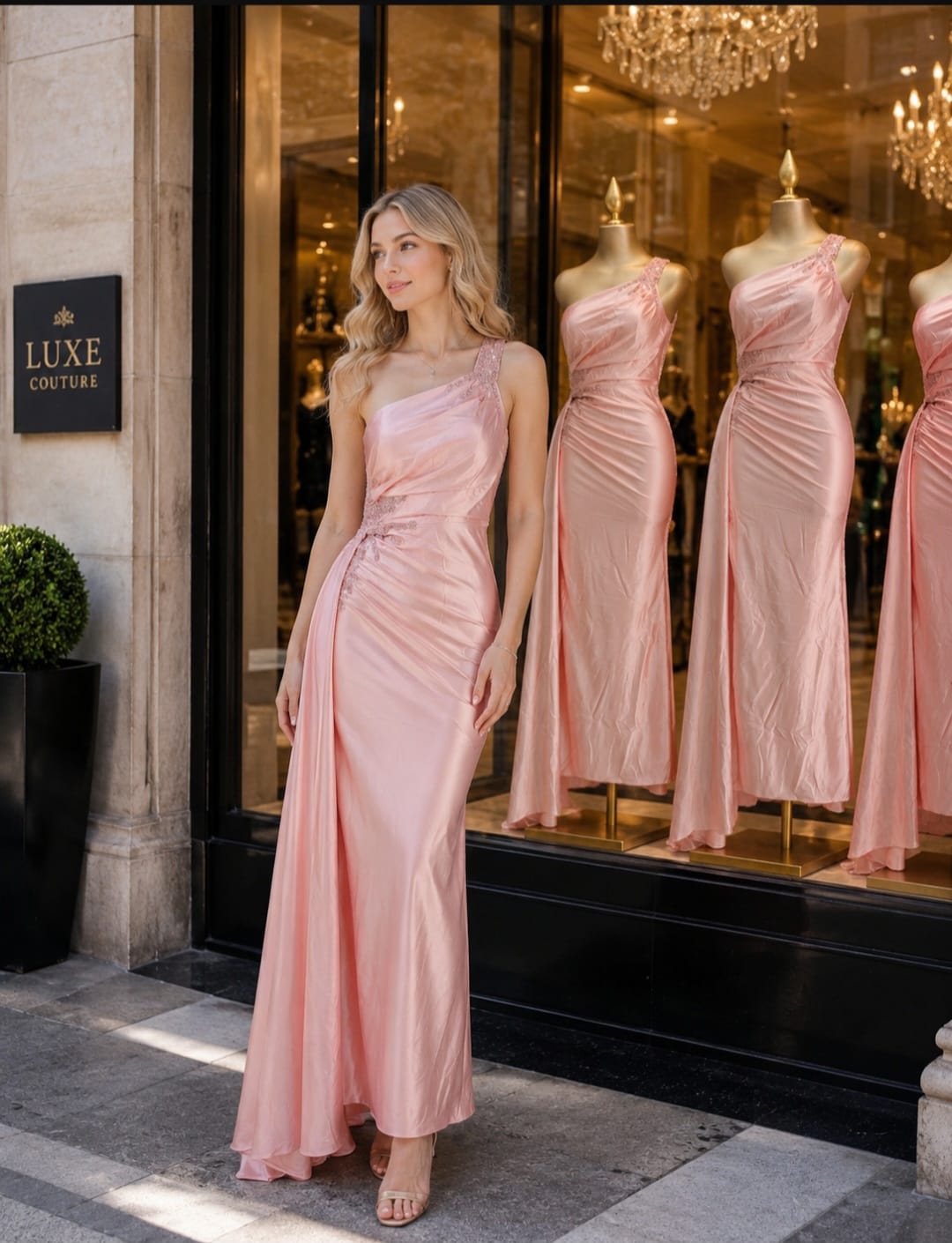 VESTIDO SATEEN UN HOMBRO CON APLICACIÓN