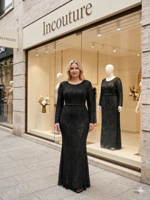 VESTIDO PLUS DE LENTEJUELA Y PERLAS