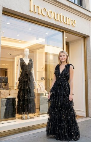 VESTIDO DE OLANES CON PERLAS Y DESTELLOS DORADOS