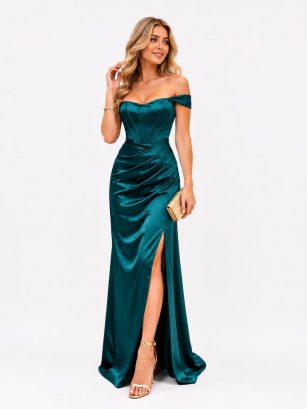 VESTIDO DE SATEEN CON HOMBROS DESCUBIERTOS