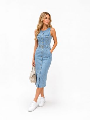 VESTIDO DE MEZCLILLA CON BOTON METÁLICO