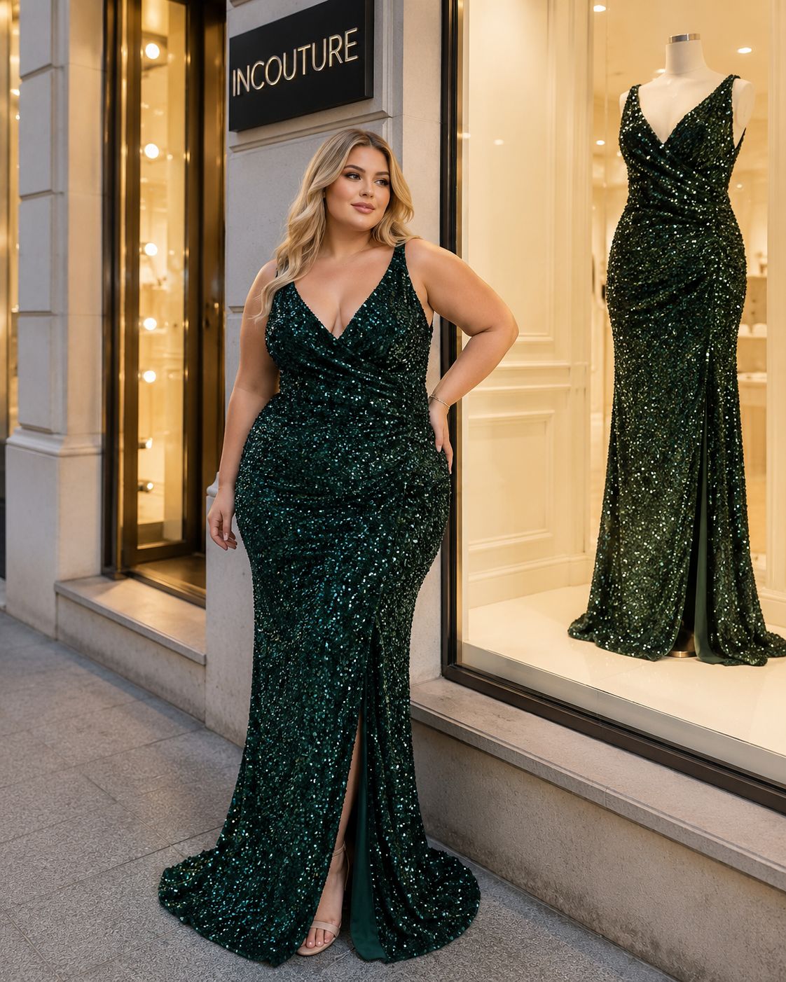 VESTIDO DE LENTEJUELA CON DRAPEADO PLUS